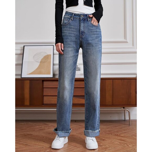 Women's High Waist Stretchy Denim Jeans Tummy Control Raw Hem Casual - Picture 3 of 8